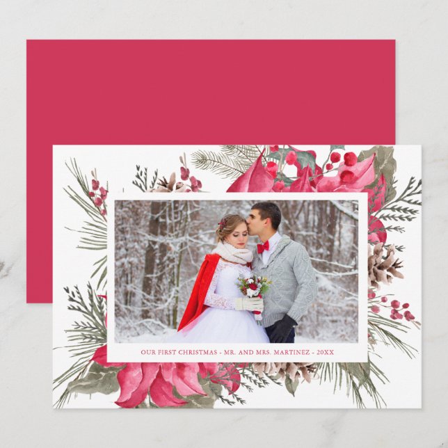 Cartes Pour Fêtes Annuelles Elégante Poinsettia Rouge Photo Notre Premier Noël (Devant / Derrière)