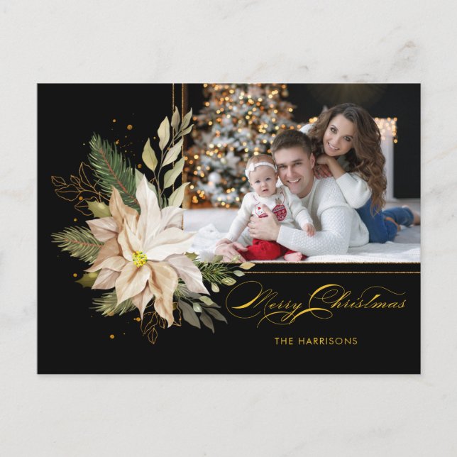 Cartes Pour Fêtes Annuelles Elégante Poinsettias blanche avec verdure or Photo (Devant)