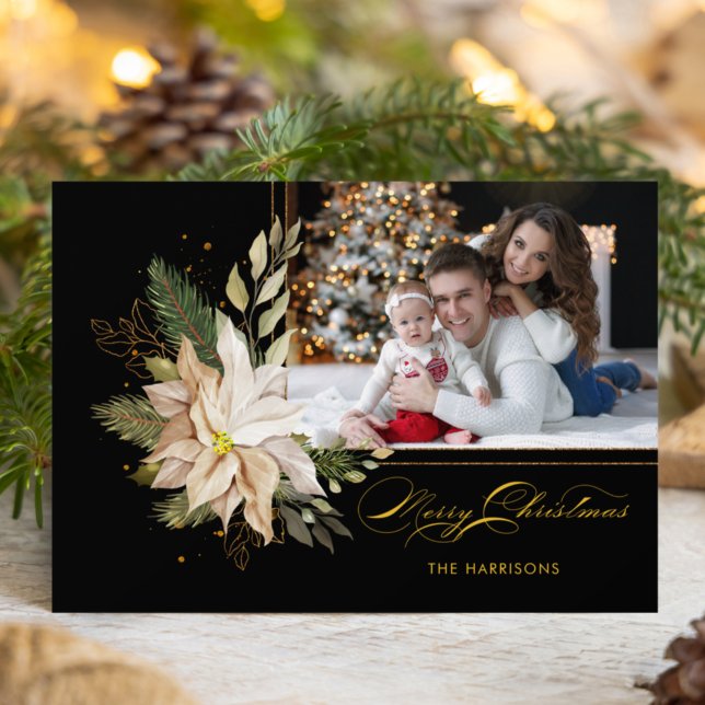 Cartes Pour Fêtes Annuelles Elégante Poinsettias blanche avec verdure or Photo (Créateur téléchargé)