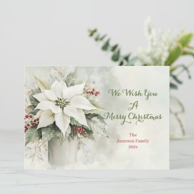 Cartes Pour Fêtes Annuelles Élégante Poinsettias de Noël Blanc (Debout devant)