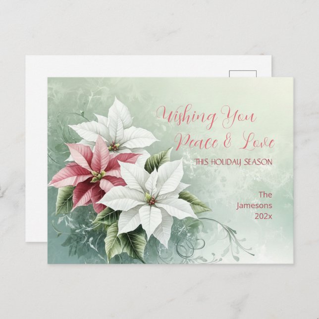 Cartes Pour Fêtes Annuelles Élégante Poinsettias de Noël Rose Blanc (Devant / Derrière)