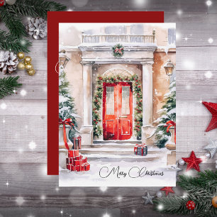 Cartes Pour Fêtes Annuelles Elégante Porte Rouge Garland Joyeux Noël