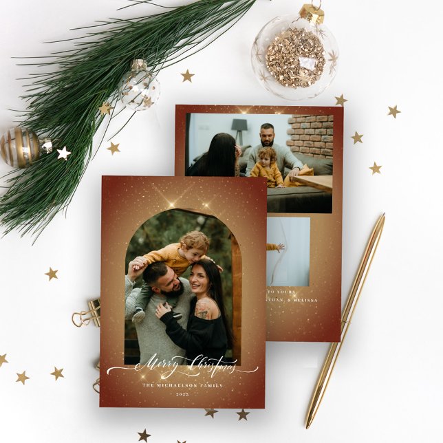 Cartes Pour Fêtes Annuelles Élégante poussière d'or 3 photos Joyeux Noël (Créateur téléchargé)