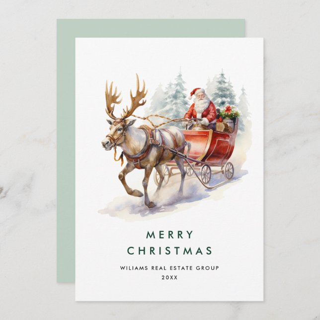 Cartes Pour Fêtes Annuelles Élégante Santa Claus Christmas Deer Corporate (Devant / Derrière)