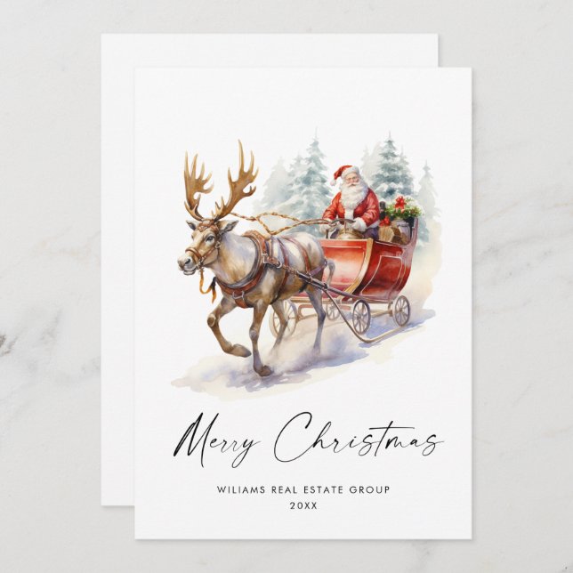 Cartes Pour Fêtes Annuelles Élégante Santa Claus Christmas Deer Corporate (Devant / Derrière)