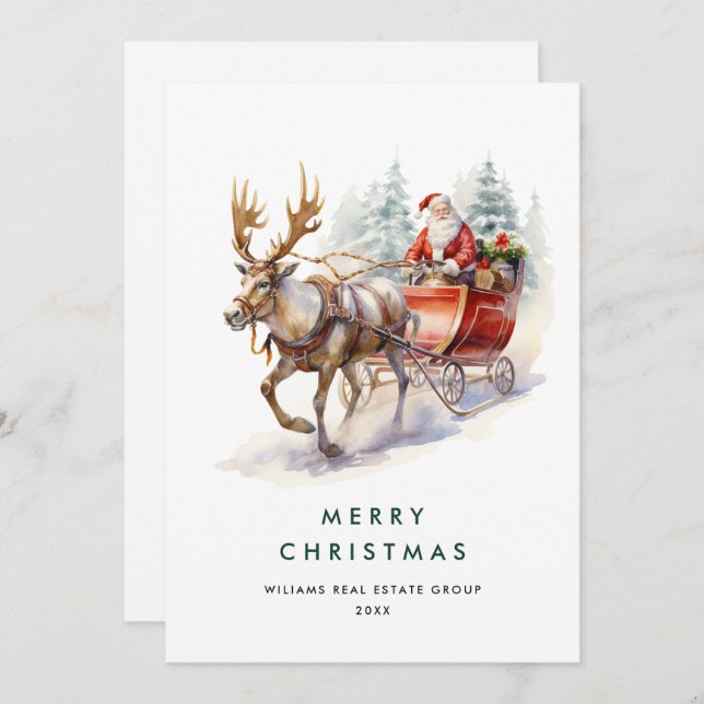 Cartes Pour Fêtes Annuelles Élégante Santa Claus Christmas Deer Corporate (Devant / Derrière)
