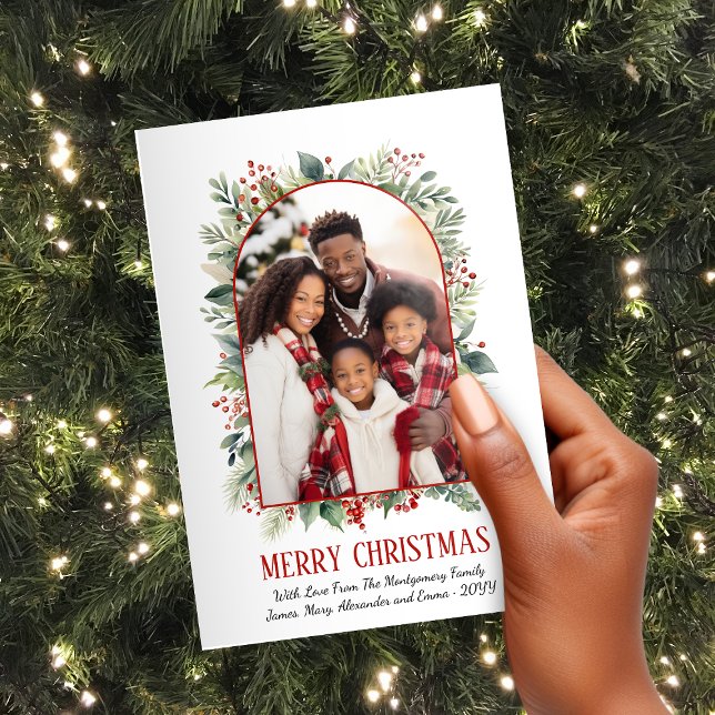 Cartes Pour Fêtes Annuelles Élégante verdure Arche rouge Photo personnalisée N (Elegant Greenery Red Arch Custom Photo Christmas Holiday Card)