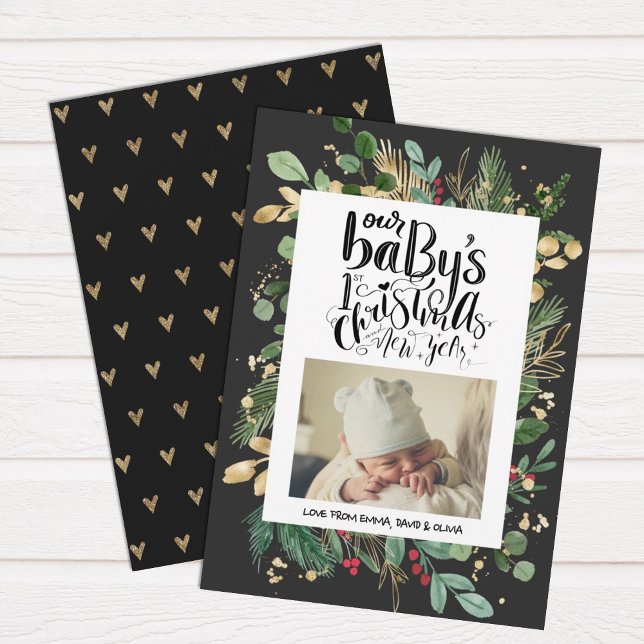 Cartes Pour Fêtes Annuelles Elégante verdure Berry Or Baby First Christmas (Créateur téléchargé)