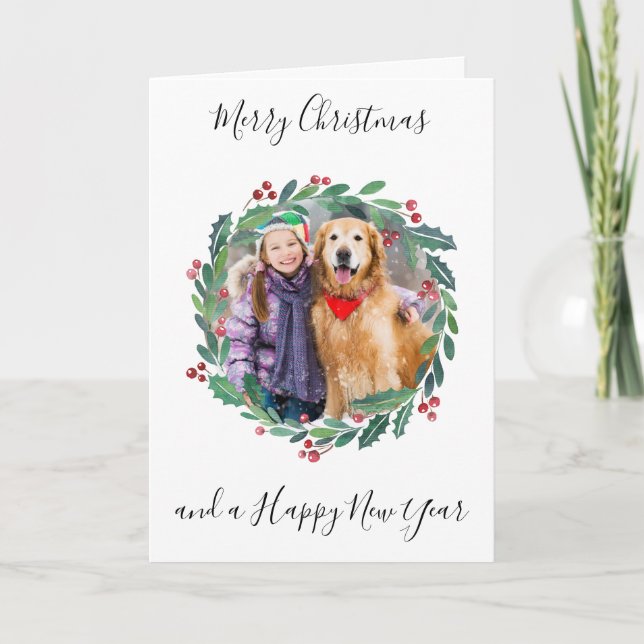Cartes Pour Fêtes Annuelles Élégante verdure botanique Wreath Photo de Noël (Devant)