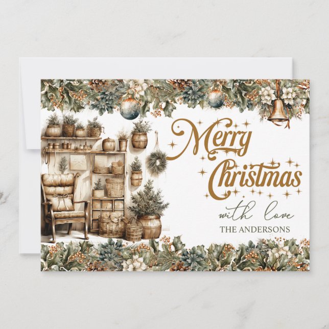 Cartes Pour Fêtes Annuelles Elégante verdure et doré intérieur de Noël cosy (Devant)