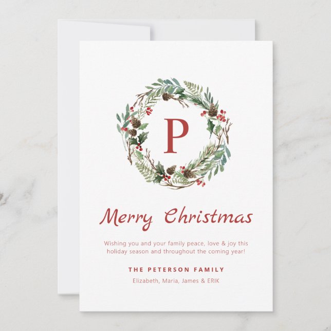 Cartes Pour Fêtes Annuelles Élégante verdure Holly Berry Monogram Wreath (Devant)