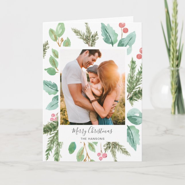 Cartes Pour Fêtes Annuelles Élégante verdure Holly Photo Joyeux Noël (Devant)