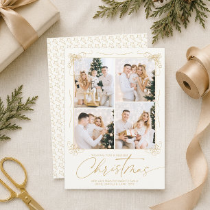 Cartes Pour Fêtes Annuelles Élégantes 4 Photos de Noël Or Ivoire Dessinées à l