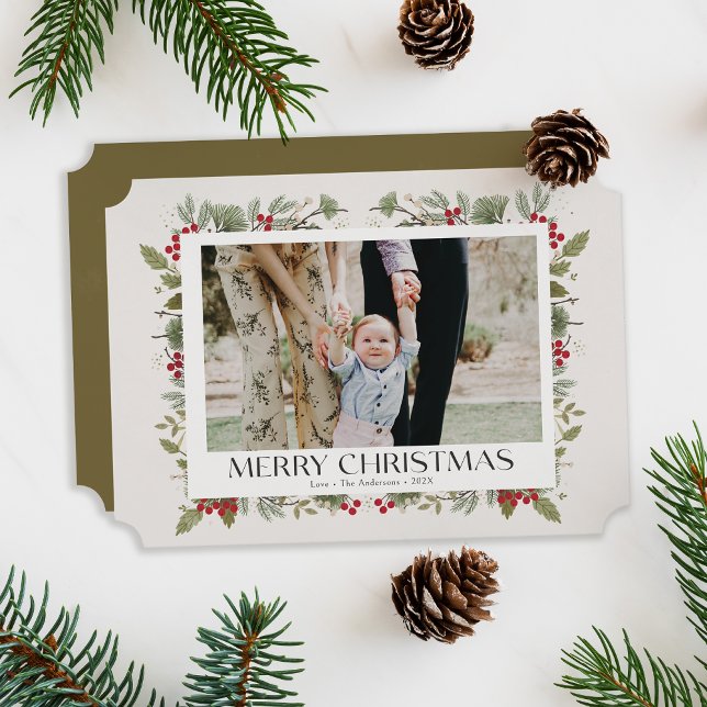 Cartes Pour Fêtes Annuelles Élégantes botaniques de Noël hivernales beige 1 ph (botanical elegant Christmas photo card, beige, green and red.)