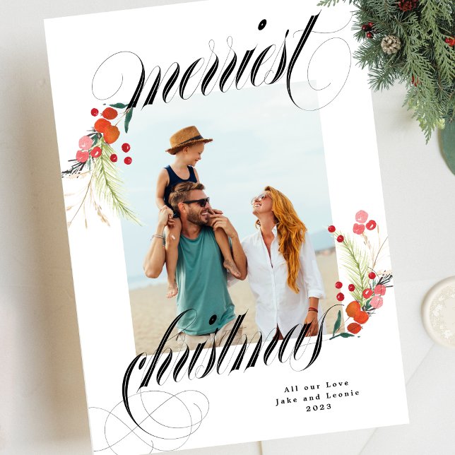 Cartes Pour Fêtes Annuelles Élégantes Botaniques Merriest Christmas One Photo (Créateur téléchargé)