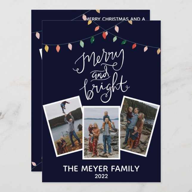 Cartes Pour Fêtes Annuelles Élégantes lumières de Noël bleu minuit Merry and B (Devant / Derrière)