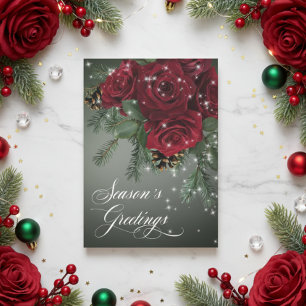 Cartes Pour Fêtes Annuelles Élégantes Roses Rouges Pétillantes et Sapin de Noë