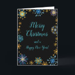 Cartes Pour Fêtes Annuelles Élégants flocons de neige bleu et or Joyeux Noël<br><div class="desc">Une belle carte de Noël design avec d'élégants flocons de neige bleu turquoise et or sur un arrière - plan noir. A l'intérieur, il y a un espace pour un message. Une façon parfaite de saluer vos amis et votre famille en cette saison festive. La couleur et le texte de...</div>