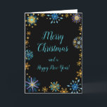 Cartes Pour Fêtes Annuelles Élégants flocons de neige bleu et or Joyeux Noël<br><div class="desc">Une belle carte de Noël design avec d'élégants flocons de neige bleu turquoise et or sur un arrière - plan noir. A l'intérieur, il y a un espace pour un message. Une façon parfaite de saluer vos amis et votre famille en cette saison festive. La couleur et le texte de...</div>