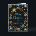 Cartes Pour Fêtes Annuelles Élégants flocons de neige bleu et or Joyeux Noël<br><div class="desc">Une belle carte de Noël design avec d'élégants flocons de neige bleu turquoise et or sur un arrière - plan noir. A l'intérieur, il y a un espace pour un message. Une façon parfaite de saluer vos amis et votre famille en cette saison festive. La couleur arrière - plan de...</div>