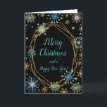 Cartes Pour Fêtes Annuelles Élégants flocons de neige bleu et or Joyeux Noël<br><div class="desc">Une belle carte de Noël design avec d'élégants flocons de neige bleu turquoise et or sur un arrière - plan noir. A l'intérieur, il y a un espace pour un message. Une façon parfaite de saluer vos amis et votre famille en cette saison festive. La couleur arrière - plan de...</div>