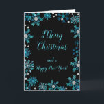 Cartes Pour Fêtes Annuelles Élégants flocons de neige Bleus Joyeux Noël<br><div class="desc">Une belle carte de Noël avec d'élégants flocons de neige bleu turquoise sur un arrière - plan noir. A l'intérieur, il y a un espace pour un message. Une façon parfaite de saluer vos amis et votre famille en cette saison festive. Les couleurs des arrière - plans de page et...</div>