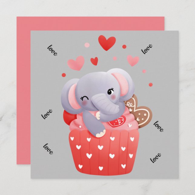 Cartes Pour Fêtes Annuelles Éléphant de la Saint-Valentin mignon  (Devant / Derrière)