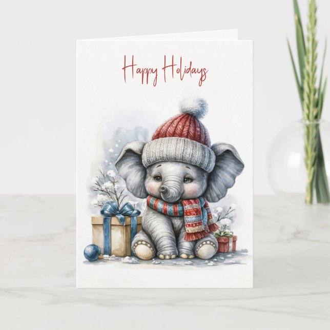 Cartes Pour Fêtes Annuelles Elephant de Noël avec chapeau de Noël (Devant)