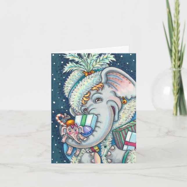 CARTES POUR FÊTES ANNUELLES ÉLÉPHANT DE NOËL, FIER DES CADEAUX ET BONNE CHÈRE (Devant)