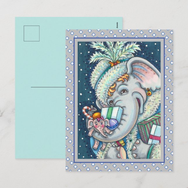 CARTES POUR FÊTES ANNUELLES ÉLÉPHANT DE NOËL, FIER DES CADEAUX ET BONNE CHÈRE (Devant / Derrière)