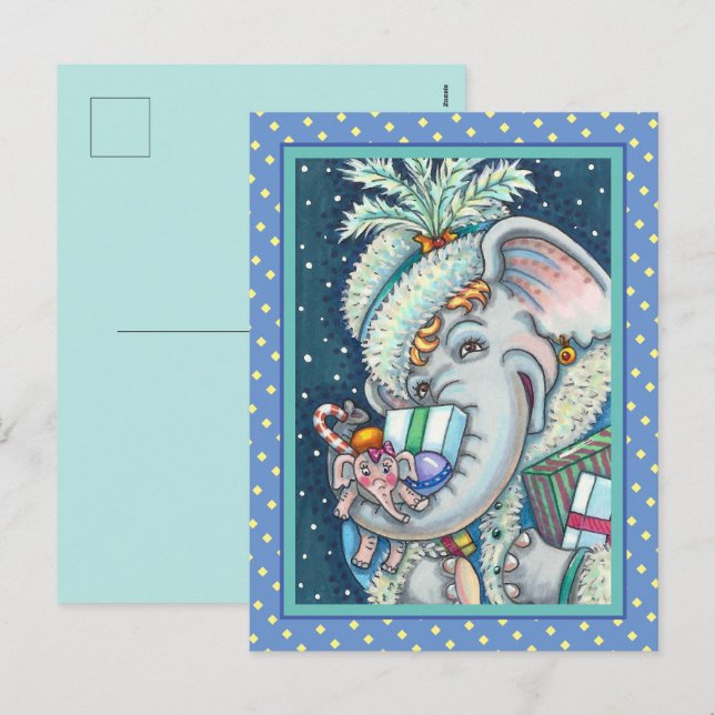 CARTES POUR FÊTES ANNUELLES ÉLÉPHANT DE NOËL, FIER DES CADEAUX ET BONNE CHÈRE (Devant / Derrière)