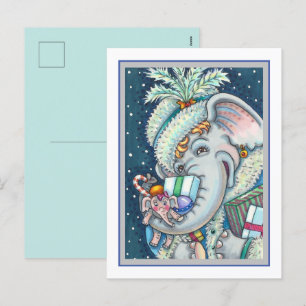 CARTES POUR FÊTES ANNUELLES ÉLÉPHANT DE NOËL, FIER DES CADEAUX ET BONNE CHÈRE