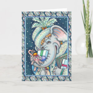 CARTES POUR FÊTES ANNUELLES ÉLÉPHANT DE NOËL, FIER DES CADEAUX ET BONNE CHÈRE