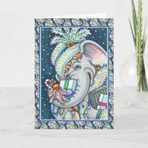 CARTES POUR FÊTES ANNUELLES ÉLÉPHANT DE NOËL, TROMPE REMPLIE DE CADEAUX ET DE