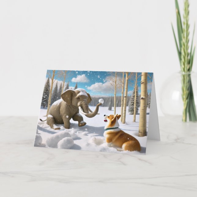 CARTES POUR FÊTES ANNUELLES ELEPHANT HIVER - CORGI SNOWBALL COMBAT (Devant)