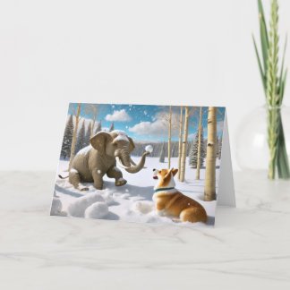 CARTES POUR FÊTES ANNUELLES ELEPHANT HIVER - CORGI SNOWBALL COMBAT
