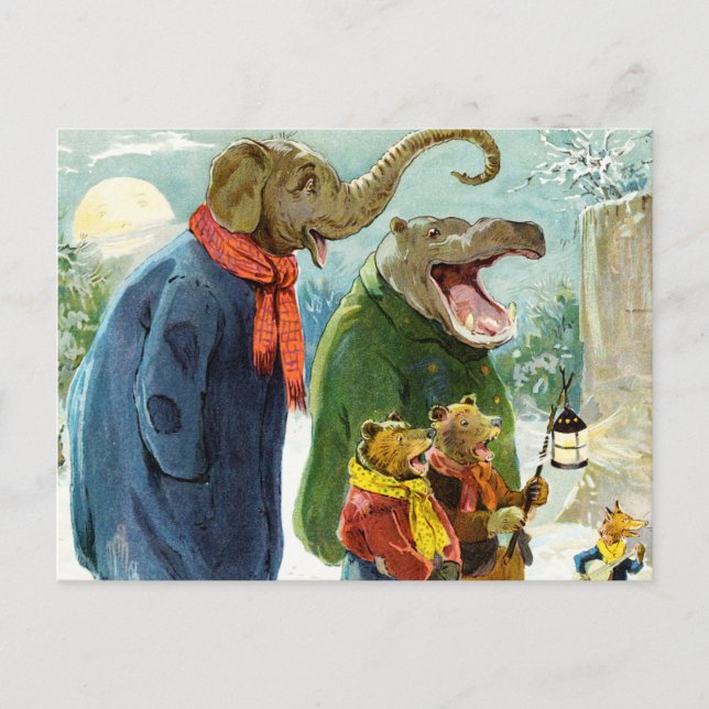 Cartes Pour Fêtes Annuelles Éléphants hippopotame et Noël Caroling d'ours (Devant)