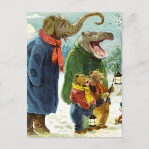 Cartes Pour Fêtes Annuelles Elephants Hippopotame & Ours Noël Caroling