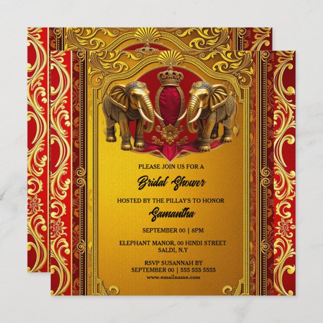 Cartes Pour Fêtes Annuelles Eléphants indiens d'or de Bourgogne douche royale (Devant / Derrière)