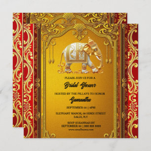 Cartes Pour Fêtes Annuelles Eléphants indiens or rouge luxueux douche nuptiale