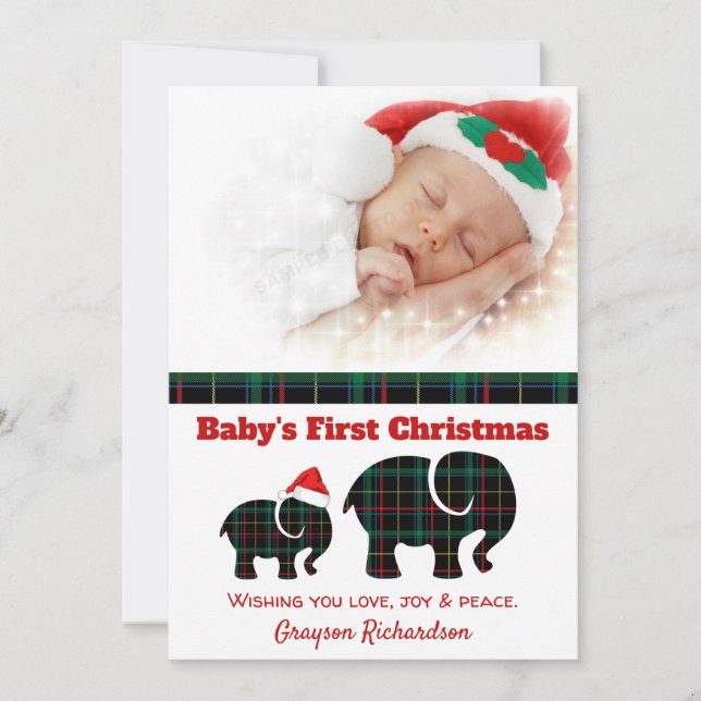 Cartes Pour Fêtes Annuelles Eléphants Plaid Photo de Noël du bébé (Devant)