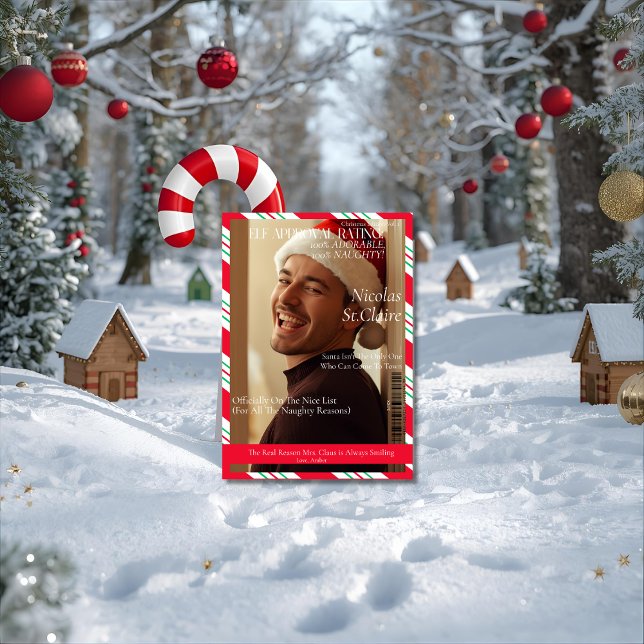 Cartes Pour Fêtes Annuelles Elf Approval Rating boyfriend husband magazine   (Front-view outdoor mockup of a 5x7 'Elf Approval Rating' card leaning against a giant candy cane in )