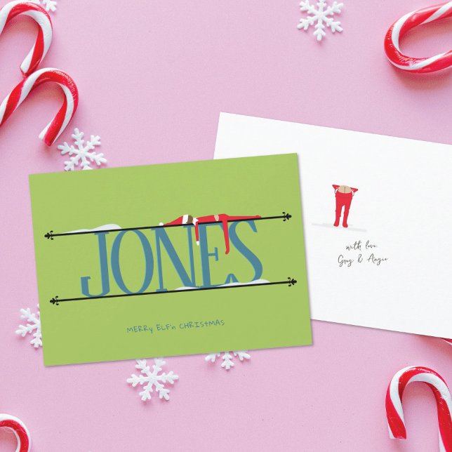 Cartes Pour Fêtes Annuelles Elf Shenanigans Nom Signe Turquoise et vert Noël (Créateur téléchargé)