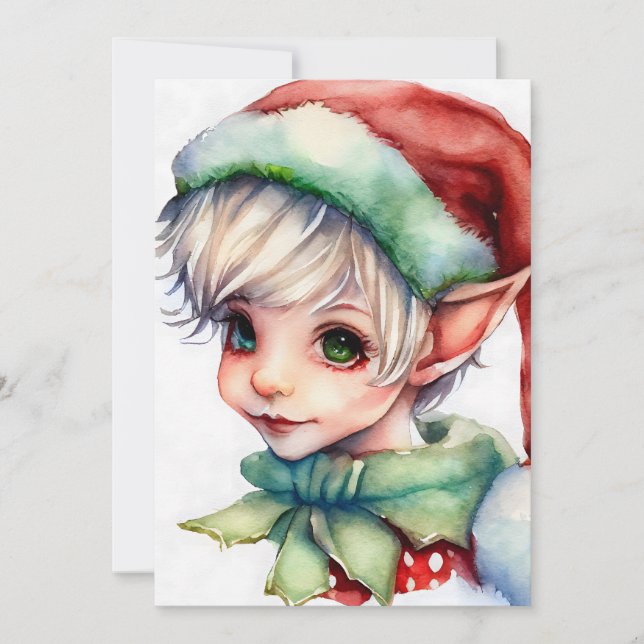 Cartes Pour Fêtes Annuelles Elfe de Noël aquarelle mignon avec un chapeau de P (Devant)