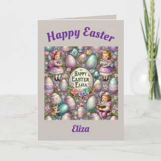 Cartes Pour Fêtes Annuelles ELIZA ~ ART DE PÂQUES VINTAGE ~ 2 Douces Filles Œu