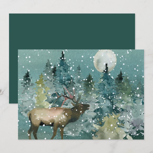 Cartes Pour Fêtes Annuelles Elk majestueux dans la Pleine lune forestière neig (Devant / Derrière)
