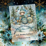 Cartes Pour Fêtes Annuelles Elves Hail Snowflakes, Ornements, Jolly Christmas<br><div class="desc">Carte Elfe de Noël personnalisée pour les enfants et les adultes. Le design est composé de bleu, de neige blanche, de flocons de neige, d'arbre de Noël, d'ornements de Noël et d'elfe de Noël. Cette carte mignonne livre le message des elfes et l'esprit de Noël à l'envers. Utilisez les espaces...</div>