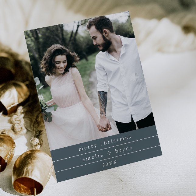 Cartes Pour Fêtes Annuelles EMELIA Bleu Simple Famille Photo Joyeux Noël (EMELIA Blue Simple Family Photo Merry Christmas Holiday Card)