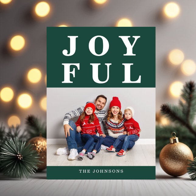 Cartes Pour Fêtes Annuelles Emerald Green Joyful Photo moderne Noël (Modern Green Joyful Photo Christmas Holiday Card)
