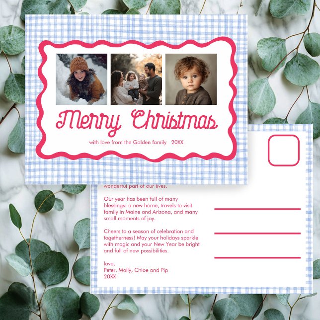 Cartes Pour Fêtes Annuelles en vichy bleu rose vif Noël personnalisé 3 photo (Gingham Wavy Pink Blue Preppy Cute Chic Christmas Custom 3 Photo Holiday Postcard
)